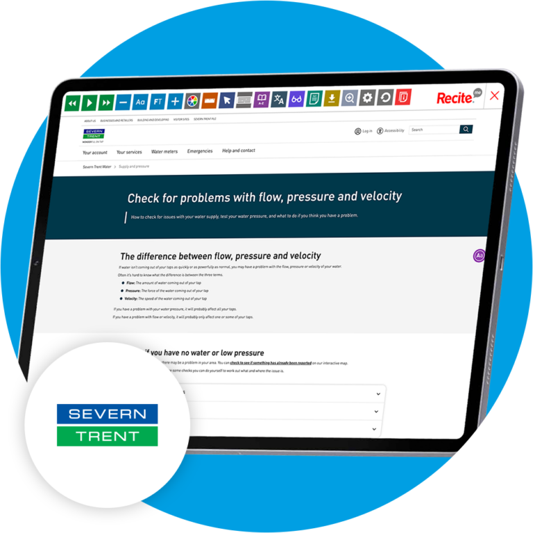 Mock-up of the Recite Me toolbar on the Severn Trent website.