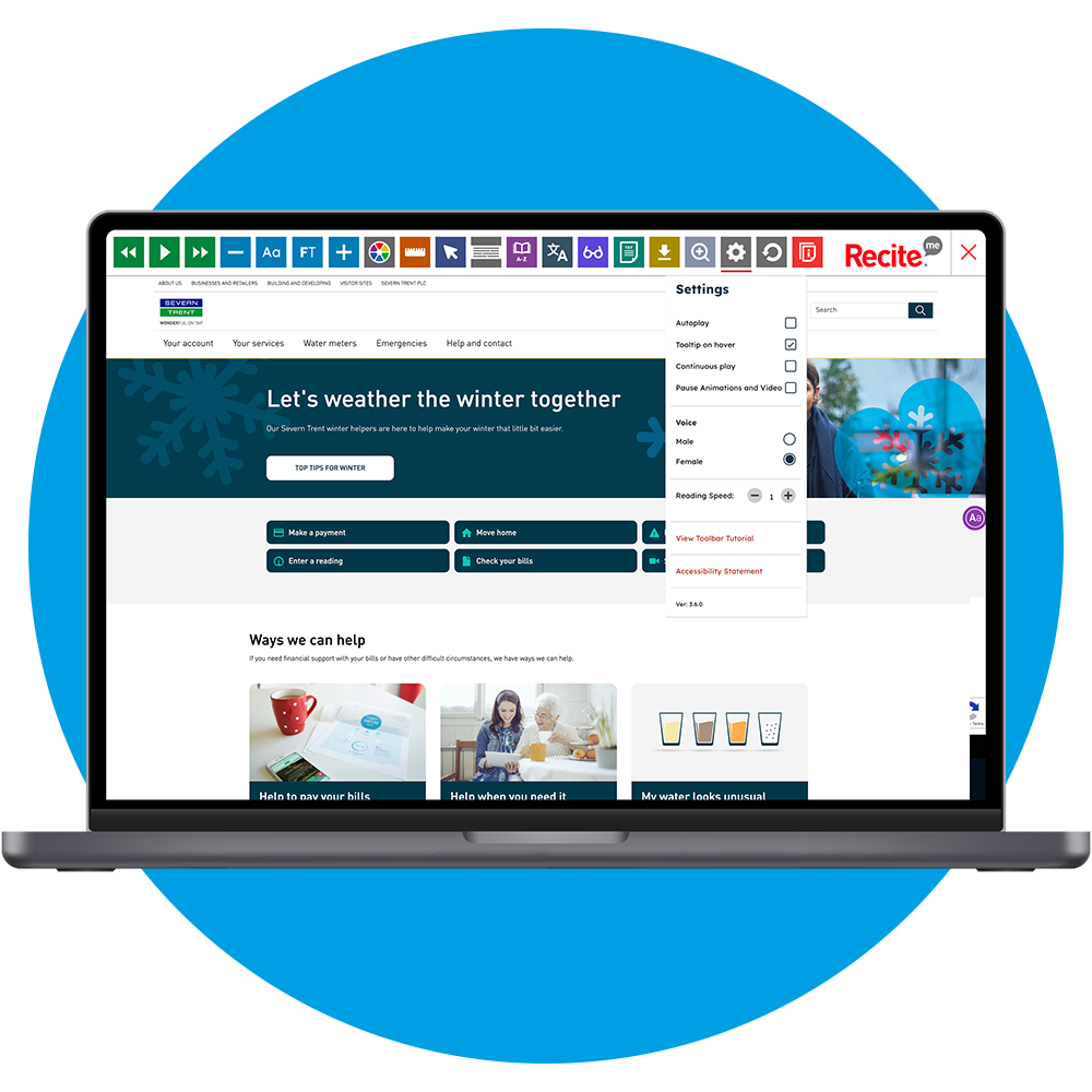 Mock-up of the Recite Me toolbar on the Severn Trent website.