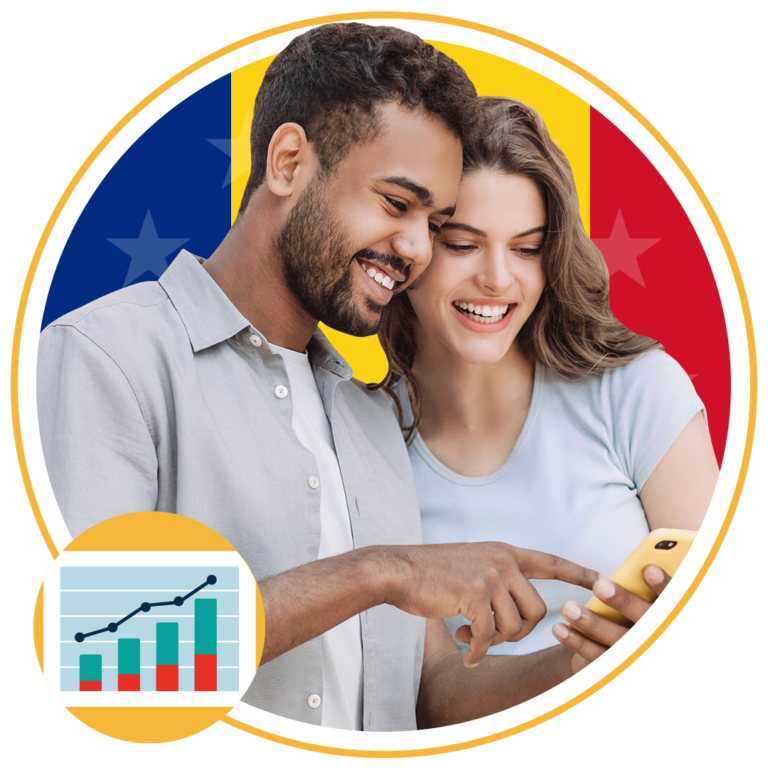 man and woman with romanian flag in background