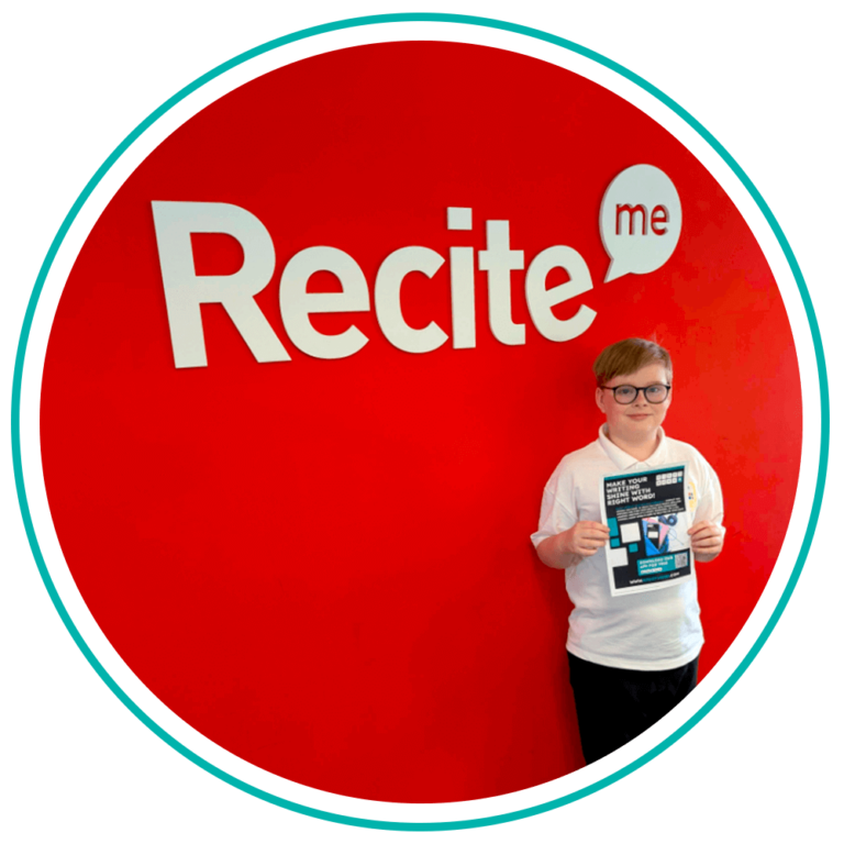 Header shows 12 year old Bobby standing in front of the Recite Me red wall