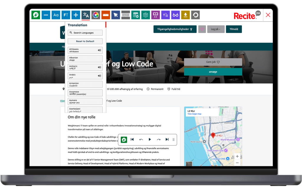 Mock-up of the Recite Me Toolbar being used on the Weightmans website.
