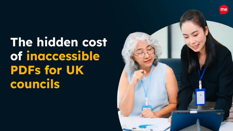 Two council employees review a document on a tablet, alongside text reading “The hidden cost of inaccessible PDFs for UK councils.”