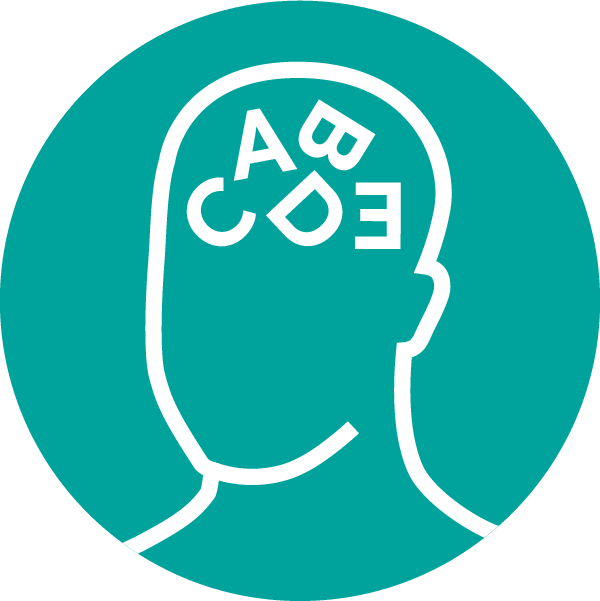 A head icon with jumbled letters