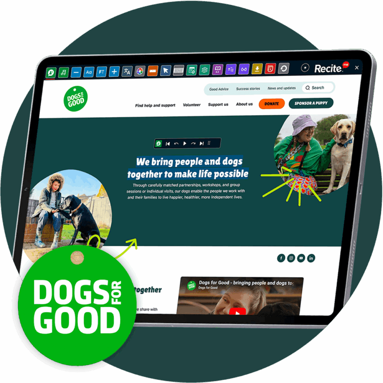 Dogs for Good website on a tablet with the Recite Me Toolbar launched