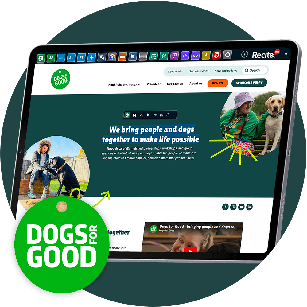 Dogs for Good website on a tablet with the Recite Me Toolbar launched