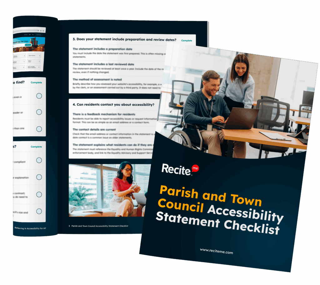 Mock-up of a Recite Me Parish and Town Council Accessibility Statement Checklist, showing the guide cover and inside checklist pages with workplace imagery.