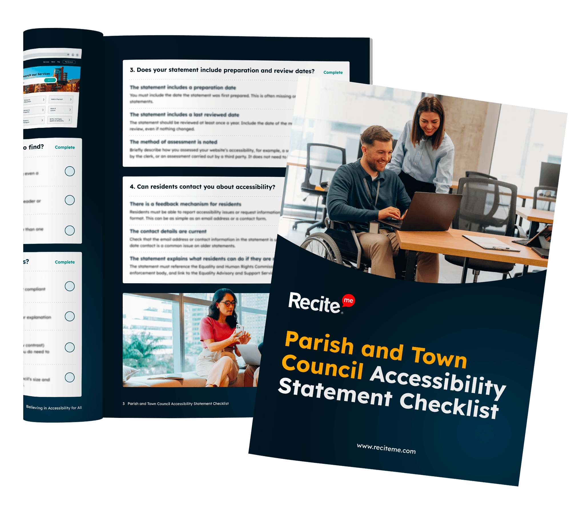 Mock-up of a Recite Me Parish and Town Council Accessibility Statement Checklist, showing the guide cover and inside checklist pages with workplace imagery.