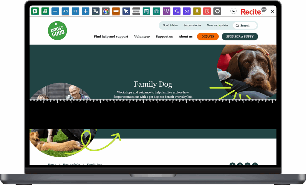 Dogs for Good website on a laptop with the Toolbar