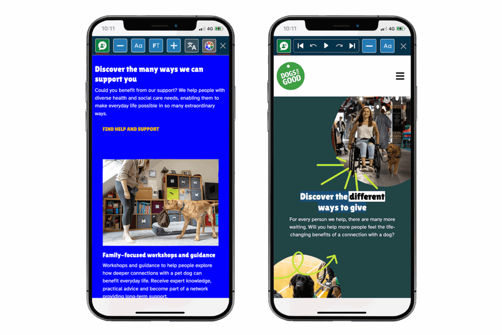 Dogs for Good website on two phones with the Toolbar