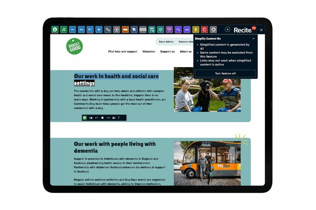 Dogs for Good website on a tablet with the Recite Me Toolbar
