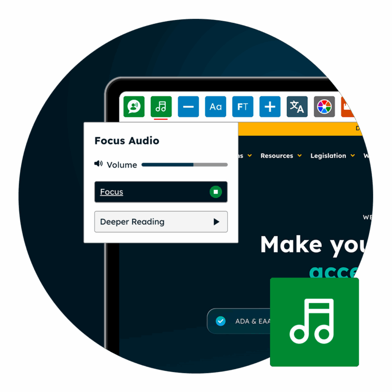 Focus Audio feature displayed within the Recite Me accessibility toolbar, showing volume and reading controls on a website.