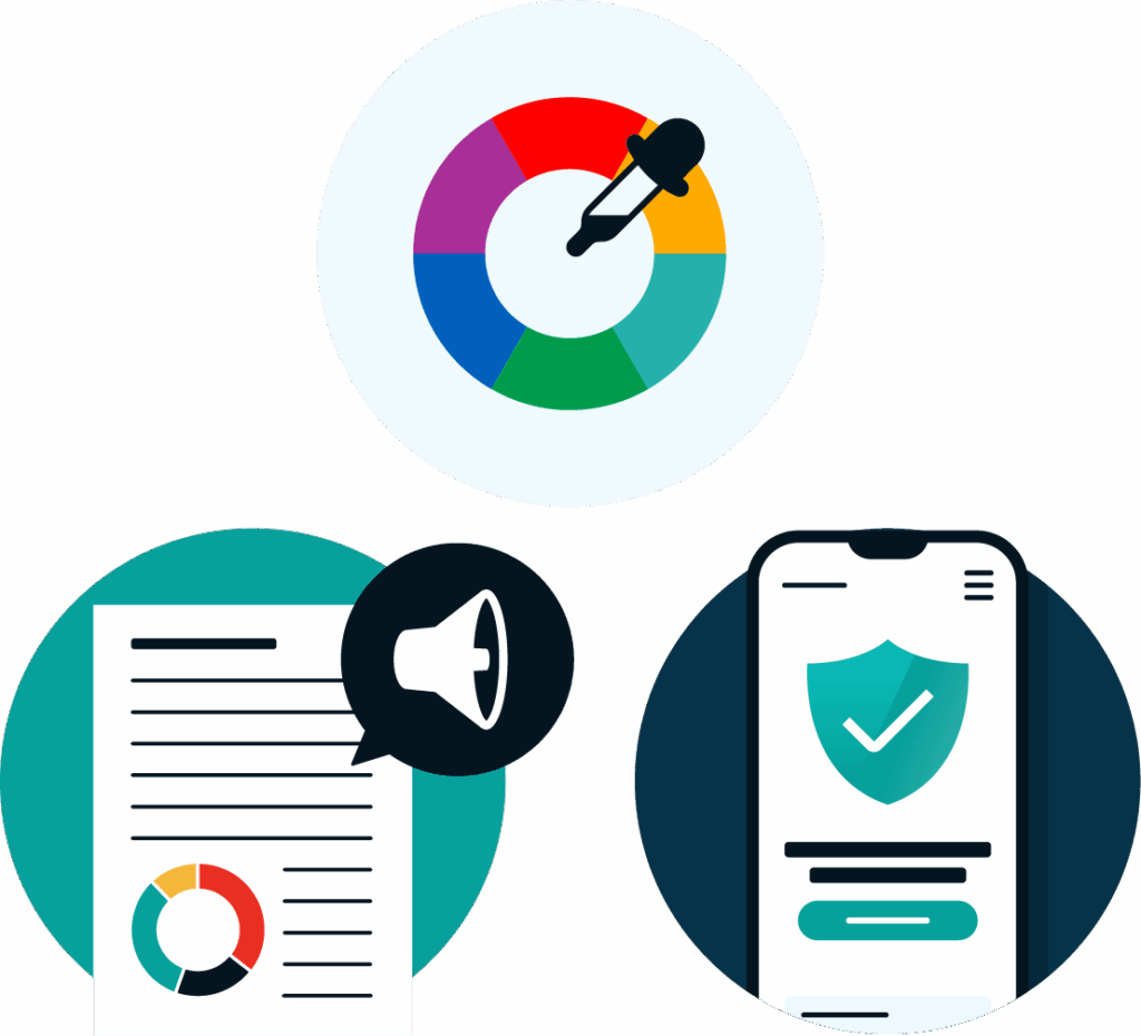 Several icons showing colour contrast, a screen reader reading a pdf, and an accesible mobile site